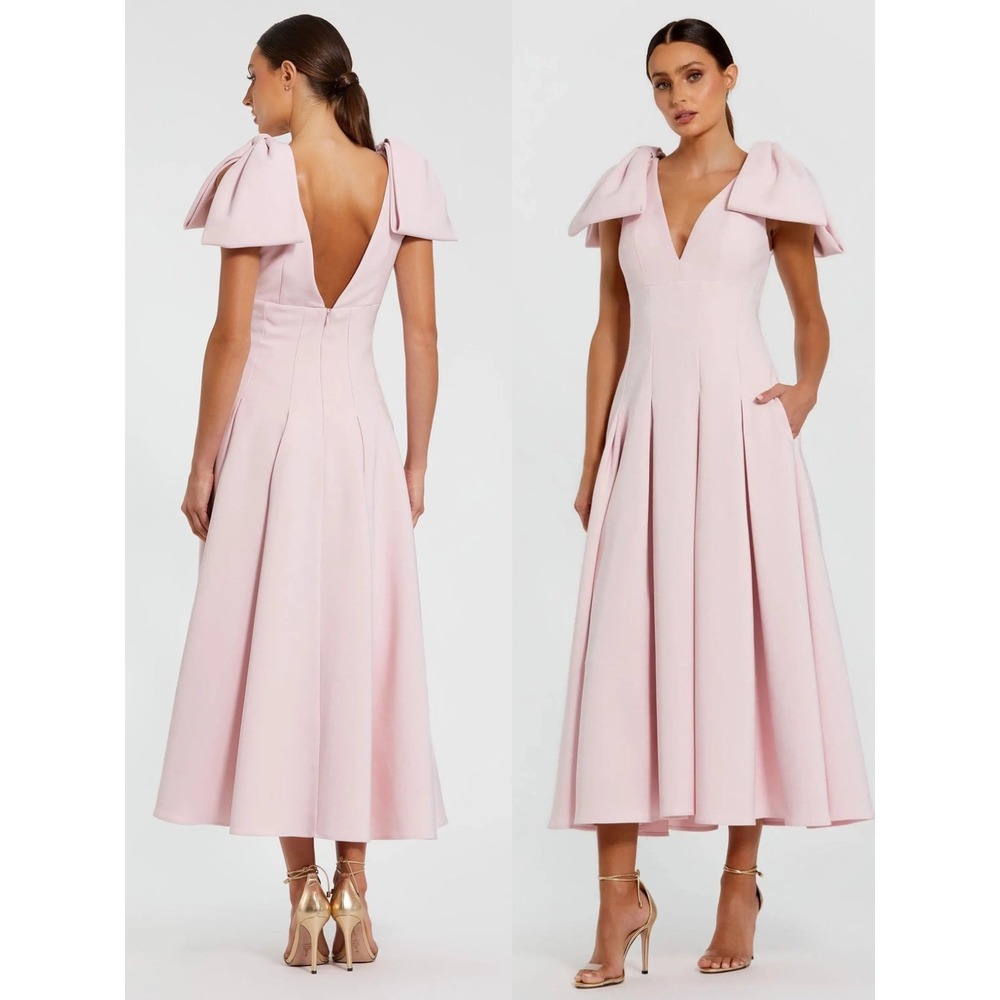 NWT Mac Duggal Pink Crepe A Line Midi Dress With Bow Straps - Size 2